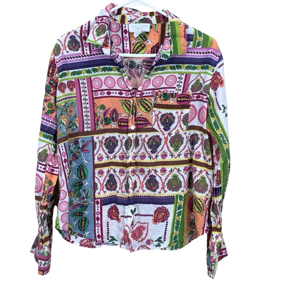 Calypso St Barth Cotton Patchwork Floral Button Down Shirt Top Blouse M